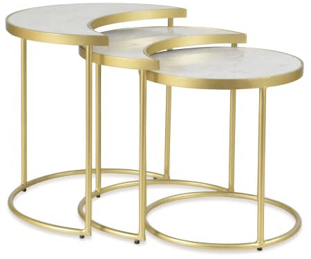 RRI Goods Modern White Marble & Gold Nesting Tables Set of 3 | Round Stacking Coffee Table | Accent Side Tables for Living Room, Home Office, Nightstands for Bedroom