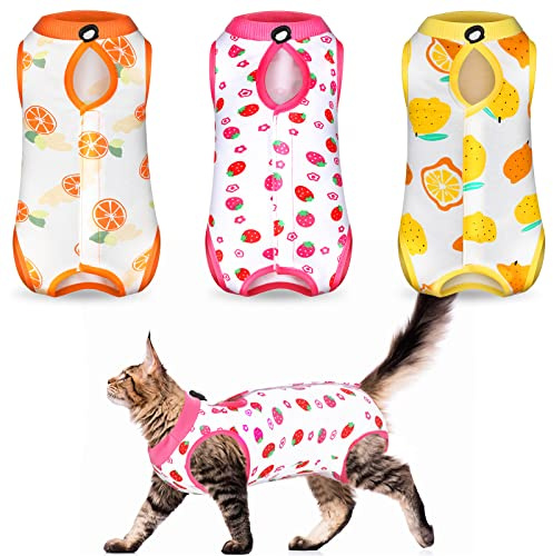 Nuanchu 3 Pieces Cat Recovery Suit Kitten Recovery Suit E-Collar Alternative for Cats and Dogs Abdominal Skin Anti Licking Pajama Clothes Sets(Small,Fruit Style,Colorful)