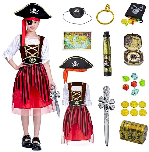 ZUCOS Mädchen Piratenkostüm Rollenspielset - Piratenspielzeug Zubehör Anziehen Geburtstag Halloween Weihnachten (Pirat, 7-9 Jahre)