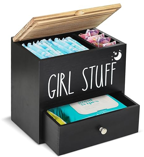Tamponhalter für Badezimmer-Dekoration und Aufbewahrung, Holz, femininer Produkt-Organizer mit Schublade und Deckel, Pad und Tampon-Organizer, Badezimmer-Zubehör-Box für Tampon-Aufbewahrung, schwarzer