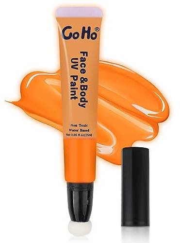 Go Ho Glow UV Neon Orange Face Body Paint,Water Based Bright Color Neon Fluorescent Body Paint with Cushion Applicator,Glow In The Dark Under UV Lighting Party Halloween Makeup Washable