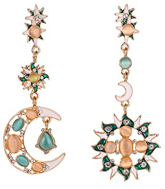 QKEPCY Pendientes de Sol y Luna Largos Dorados de Piedra Lunar Boho Colgantes Asimétricos de Ópalo Joyería Para Mujeres y Niñas