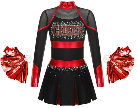 Alvivi Enfant Fille Déguisement Pom-pom Girl Uniforme Pom Pom Girl Robe Manches Longues Costume Performance Carnaval Halloween 5-16 Ans Noir Rouge 11-12 ans