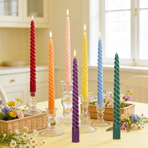 Whaline 12Pcs 10 Inch Colored Spiral Taper Candles 12 Colors Dripless Twisted Wax Candles Long Unscented Candle Sticks for Holiday Celebration Display Home Decoration