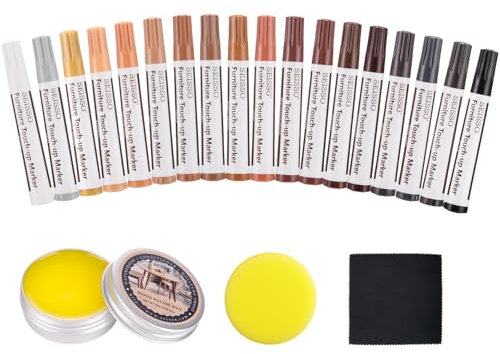 SEISSO Kit de réparation pour bois stratifié - 18 couleurs - 21 pièces - Avec huile de cire à bois, éponge et stylo de correction du bois non tissé - Pour les taches, les impuretés et les petites