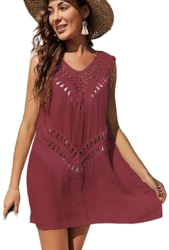 Jinsa Vestidos Mujer Ropa Verano Pareos Camisola Bikini Cover Up Kaftan Sexy Mono de Playa Tejidos Crochet Baño Fiesta Casual Elegantes Suelto Suave Cómodo Playeros Cortos Vestidos Mujer Rojo