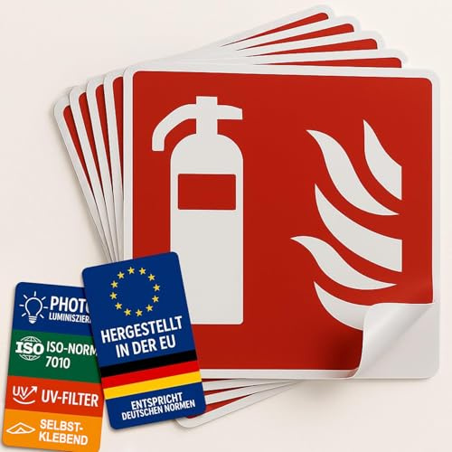 notlok Safety Work 5x Feuerlöscher Schild Aufkleber 10x10cm, nachleuchtend | Wetterfest, selbstklebend, DIN EN ISO 7010, Brandschutz Piktogramme, Schild Feuerlöscher Innen & Außen, Sicherheitsschilder