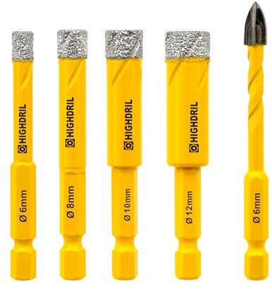HIGHDRIL Punte Diamantate per Gres Porcellanato - 4 Pezzi 6/8/10/12mm Punte Trapano, 1 Pezzo 6mm Punta in Carburo, Codolo Esagonale, per Ceramica Porcellana Piastrelle Marmo Granito