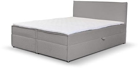 VENASI MÖBEL Gloria Boxspringbett mit Bettkästen H2/H3 Matratze und Topper Cord-Stoff (Grau, 180 x 200 cm)
