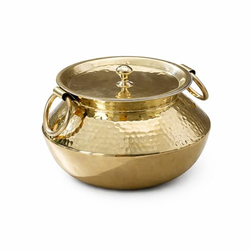 P•TAL 3.2 Qt Pure Brass Stock Pot with Brass Lid, Naturally Non-Stick Tin-Lined Interior, PTFE & PFOA Free, Handcrafted Hammered Cookware for Soup, Curry & Everyday Cooking