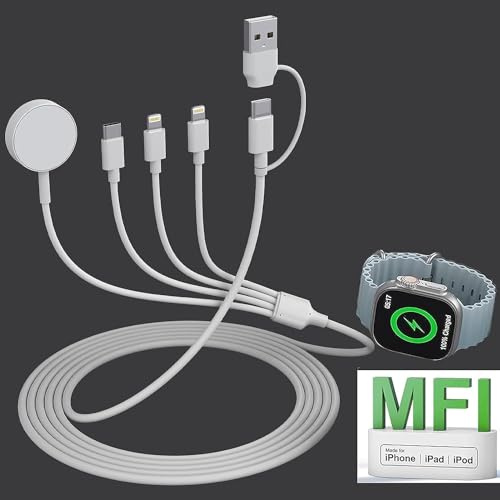 MTAKYI USB C/A 4-in-2 Watch Ladekabel iWatch/iPhone/Airpods, Watch Magnetic Ladekabel iWatch Serie 9/SE/8/7/6/5/4/3/2, Wireless Travel Watch Ladegerät AirPods 1/2/3/Pro&iPad Serie