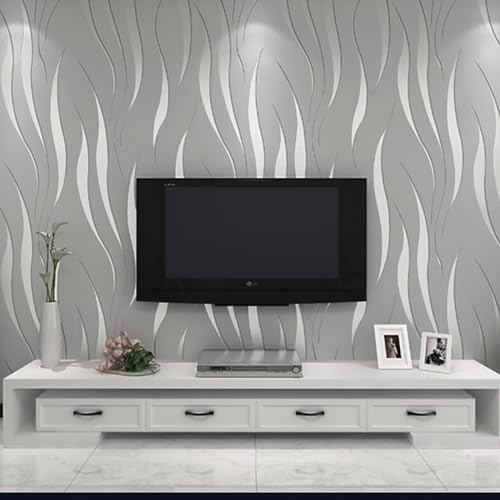 Cathpetic Grey Wallpaper 3D Wave Striped Features Metallic Non Woven Silver Grey Embossed Textured Wallpaper for Living Room Bedroom Kitchen Hallway Front Room,9.5×0.53m
