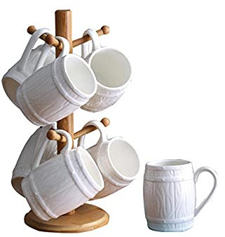 CAFIEDR 6PCS Cup Restaurant White Ceramic Tea Coffee Cup Sets with Wood Holder High Temperature Resistance-B,