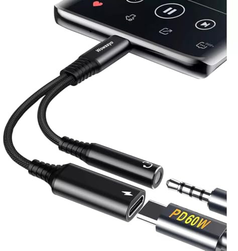 Wowssyo PD 60W Adattatore per cuffie e caricabatterie USB C a 3,5 mm, 2 in 1 da USB C a jack audio AUX con cavo di ricarica rapida per Galaxy S23/S22/S21/S20 Ultra, per iPad, Pixel-Nero