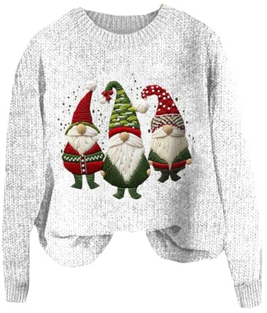 Pulls en crochet pour femmes Noël hiver haut tendance femmes sans capuche décontracté couleur unie imprimé de Noël manches longues sweat à capuche Lazy Lays Sweatshirt, blanc, S