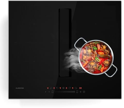 Klarstein Chef-Fusion - Piano a Induzione con Cappa Integrata, 7200W/Boost 8400W, 590 m³/ora, Efficienza Energetica A, Vetro & Acciaio Inox, Design Salvaspazio, Blocco per Bambini, Nero