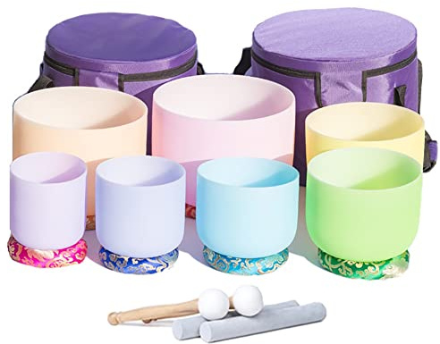 Juego de 7 cuencos tibetanos de cristal de cuarzo de chakra esmerilado de color caramelo de 6 a 12 pulgadas con 2 estuches de transporte gratuitos y exquisitas juntas tóricas de tela, cuencos de sonid