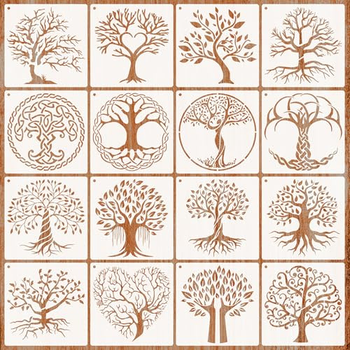 JSTHHTT 16Pcs Plantilla de Árbol de la Vida, Plantillas para Pintar, Life Tree Painting Stencil, Plantillas de Dibujo, Reutilizables para Pintar en Madera, para Pintar en Suelos Madera, Paredes