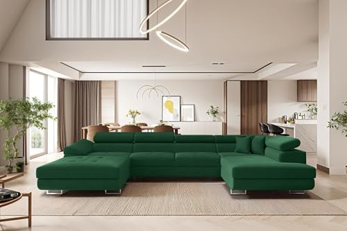 Kaiser Möbel - Ecksofa mit Schlaffunktion und Bettkasten, Wohnlandschaft U Form XXL, Bigsofa, Bequemes Couch mit Ottomanen für Wohnzimmer, Relaxsofa, Lounge-Set U-Form, FALIO II U, Dunkelgrün, Rechts