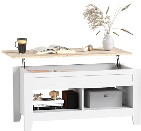 HOMCOM Mesa de Centro Elevable 105x50x49 cm Blanco y Natural