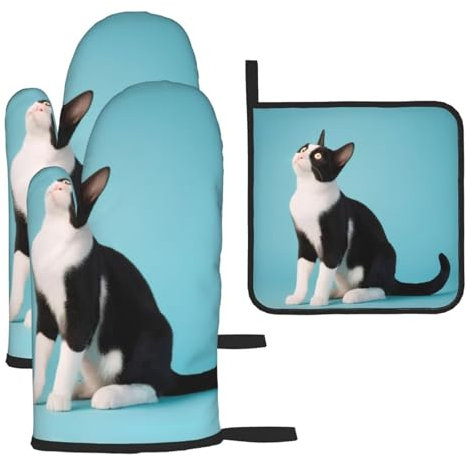 Ofenhandschuhe und Topflappen, 3D-Katzen-Set, wasserdicht, hitzebeständig, Mikrowellen-Handschuhe, Topflappen, Küchen-Kochhandschuhe, Grillhandschuhe und heiße Pads, 3-teilig
