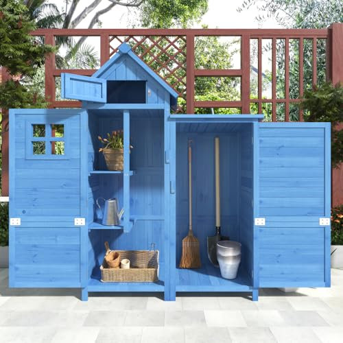 Casetta per attrezzi, mobiletto da giardino in legno, dimensioni: 118 x 54 x 173 cm, resistente alle intemperie, tetto in PVC, blu
