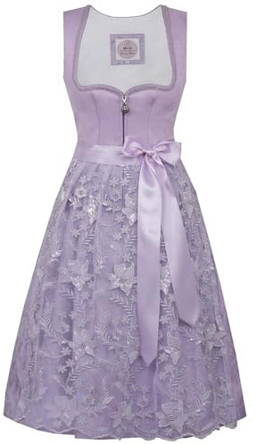 Marjo Dirndl Dirndl Schongau 65cm Länge Taupe beige | Wildlederimitat Mididirndl schlicht elegant | Spitzenschürze Damen (DE/NL/SE/PL, Numerisch, 44, Regular, Regular, Flieder)