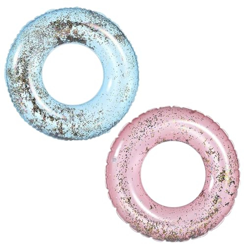 2 Piezas 70cm Flotadores Hinchables Piscina para Niños,Anillo de Natación Inflable Flotador de Piscina Azul y Rosa Lentejuelas,Caucho Juguetes para Playa Fiesta Verano Juegos de Agua Niños y Niñas