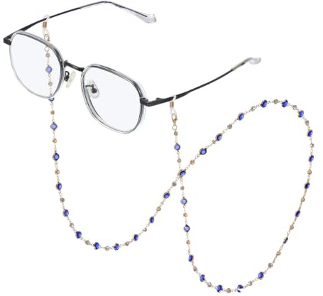sourcing map Glasses Chain for Women, Eyeglasses Chain with Lanyard Crystal Glasses Sunglasses Holder Eye Anti-lost Eye Glass Holders Around Neck, Deep Blue Beads