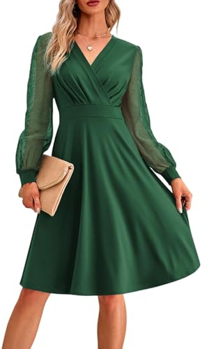 MAYFASEY Womens Dress V Neck Long Sleeve A Line High Waist Midi Dress Green