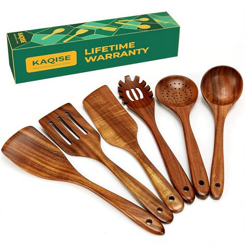 KAQISE 6PCS Non Toxic Wooden Cooking Utensils, Teak Wooden Soup Ladle,Spaghetti Spoon with Teeth,Flat Turner,Slotted Spatula, Skimmer Scoop, Pancake Fish Eggs Scraper, Kitchen Tools for Xmas Gifts