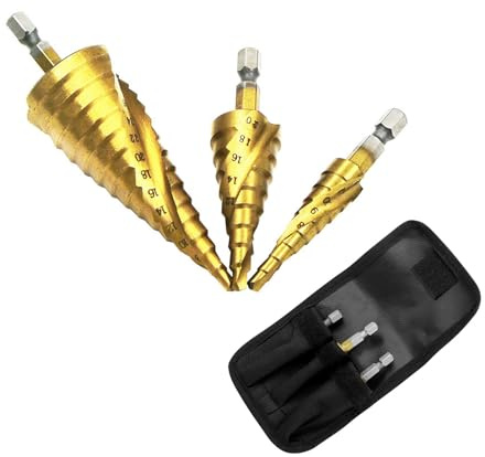 HRLORK 3 Pcs Spiral Grooved Step Drill Bit 4mm to 12/20/32 mm Cone Drill Bits Hole Cutter Titanium Coated Hard Metal Spiral for Wood Drilling