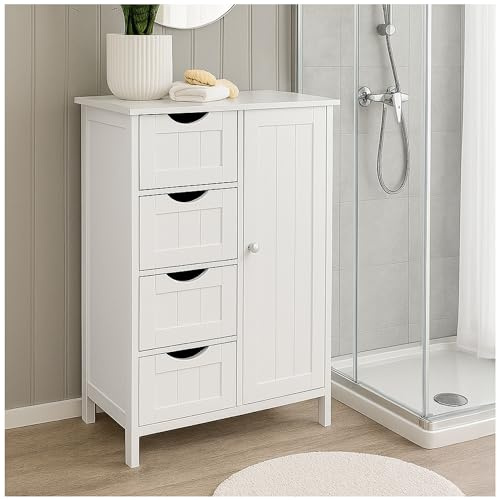 osoltus Beistellschrank Badezimmer Hampton | Cottage Design 1 Tür mit 2 Regalböden und 4 Schubladen | Badezimmerschrank Holz 55 x 32 x 82 cm (LBH) (weiß)