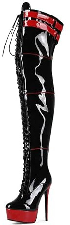 Veelau Meieer Damen Stiefel Plateau Stiletto Overknees Schnürstiefel High Heels Boots mit Riemen