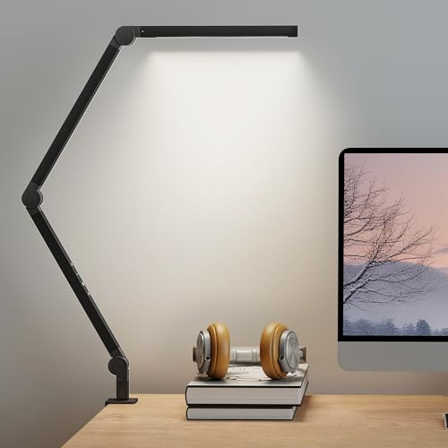 HOMCOM Lampada da Scrivania LED Dimmerabile con Morsetto e Braccio Regolabile, Lampada da Tavolo con 2 Colori di Luce per Studio Camera da Letto, Lavoro e Disegno, Nero