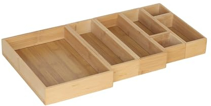 Sistema de organización para cajones Relaxdays, 7 Piezas, 4 tamaños, bambú, Organizador de baño, Cocina, Escritorio.
