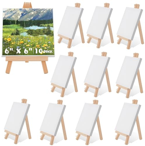 ATPWONZ 10 Mini Staffelei Leinwand Set, Leinwand 15 x 15 cm + Mini Staffelei aus Holz 11 x 21 cm, Klein Tischstaffelei Faltbarer Dreieckiger Ständer Tischdeko zum Malen und Ausstellen