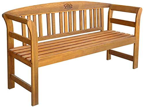 IBUQDDV Gartenbank 157 cm Massivholz Akazie mit eingravierter Rose, robuste Sitzbank für Außenbereich mit hohem Sitzkomfort und eleganten geschwungenen Armlehnen, einfacher