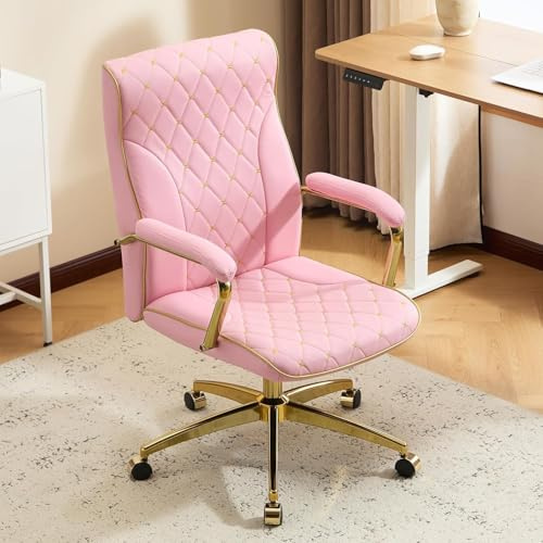 Ckaff Bürostuhl Ergonomisch, PU Leder Chefsessel, Schreibtischstuhl Computerstuhl Drehstuhl mit Hoher Rückenlehne, Gepolsterter Armlehnen und Höhenverstellbar, Neigefunktion, Rosa
