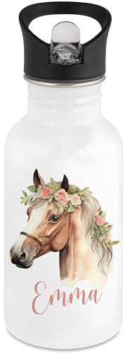 DEL MÀ Unique & Personal Pferd Trinkflasche Kinder personalisiert mit Namen Edelstahl Flasche mit Strohhalm Wasserflasche für Schule Kindergarten 500 ml