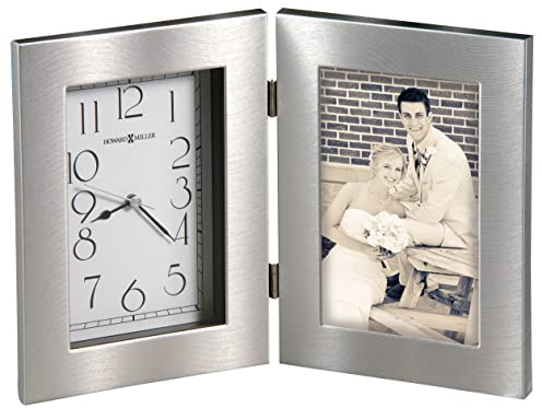 Howard Miller Lewiston Tabletop Clock – 4x6 Silver & White Analog Frame, Glass Crystal, Hinged Photo Display, Quartz Movement