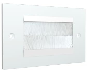 rhinocables Double Gang White Faceplate Brush Plate with Black or White Brushes for Wall-Mounted Installation Tidy Cable Pass Through Insert for Wires and Cable Access (White Brush)