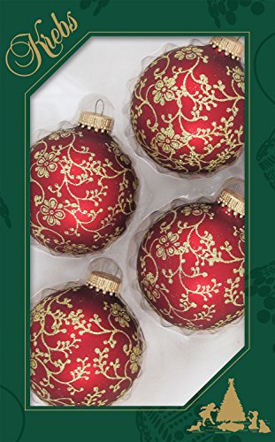 Glass Christmas Tree Ornaments - 67mm/2.63 [4 Pieces] Decorated Balls from Christmas by Krebs Seamless Hanging Holiday Decor (Velvet Red with Gold Floral Glitterlace)