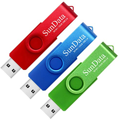 SunData 32GB Memory Stick 3 Pack USB 2.0 Flash Drive Swivel Design Thumb Drives USB Stick Pen Drive for Data Storage with LED Light (3 Colors: Blue Green Red)