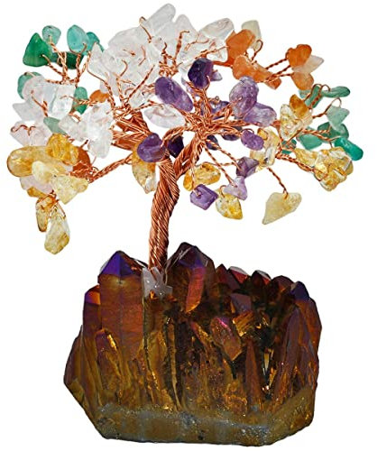 KYEYGWO Mehrfarbig Kristall Geldbaum auf Violett Titan Cluster Base, Feng Shui Bonsai Glücksbaum Kristallbaum Deko für Glück, Reichtum und Gesundheit, 11-14 cm Hoch