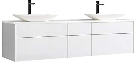 StoneArt Badmöbel Set Mineralguss Waschbecken Waschschale Aufsatzwaschbecken und Unterschrank Waschtisch Einzel- oder Doppelwaschbecken Venice VE-2000pro-1 weiß 200cm