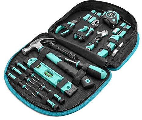 Amazon Basics Werkzeugset mit leicht zu tragender runder Tasche, 104-teilig, Türkis, 36,5 x 29 x 7,6 cm