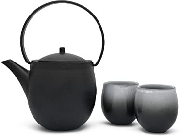 schwarze gusseiserne Asia Teekanne 1.2 Liter inkl. 2 Porzellan Teebecher - zur Aufbereitung von losem Tee