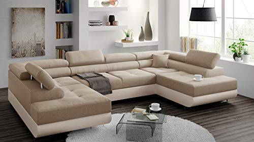 Ecksofa Miami U mit Schlaffunktion, Eckcouch mit Bettkasten, U Form Couch, Sofagarnitur mit Schalffunktion, 338 x 203 cm (Creme + Cremiger Kunstleder - EKO)