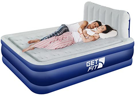 Get Fit Air Bed With Built In Electric Pump - Premium Double Airbed - Quick Blow Up Bed With Headboard & 2 Free Inflatable Pillows - Elevated Inflatable Air Mattress For Outdoor, Camping - Navy/White